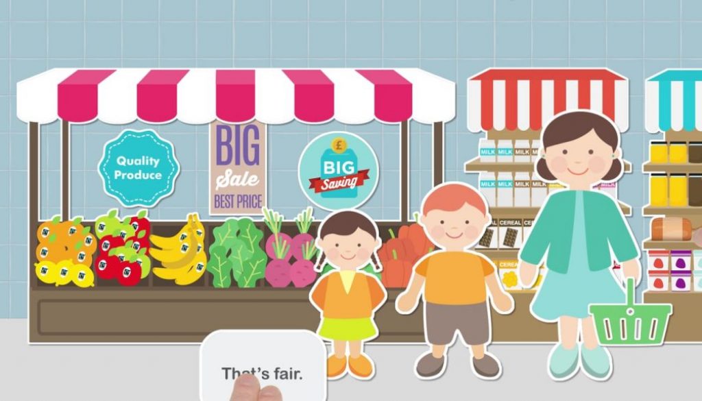 Animated children stood in front of market stall
